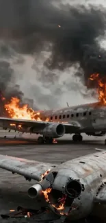 Aircraft engulfed in flames with dark smoke.