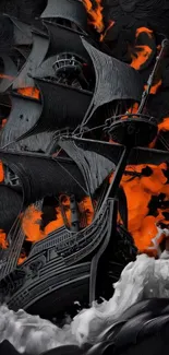 A dramatic depiction of a burning ship in stormy seas with fiery background.