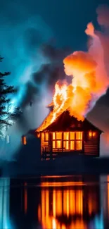 Burning cabin with vibrant flames reflecting on water at night.