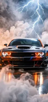 Muscle car with lightning in the background