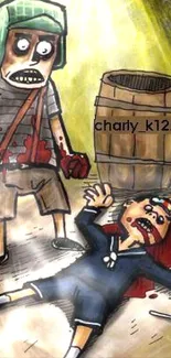 Dramatic cartoon scene with two characters and a barrel.