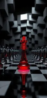 Chessboard with red king and abstract design.