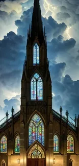 Majestic church with stormy sky and vibrant clouds.