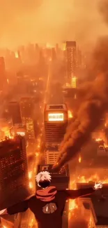 Anime character overlooking a fiery urban landscape.