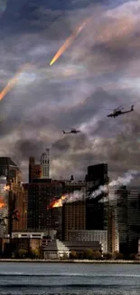 Apocalyptic cityscape with meteors and burning buildings, dramatic atmosphere.