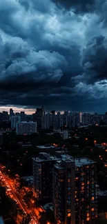 Dramatic storm clouds over a cityscape at dusk.