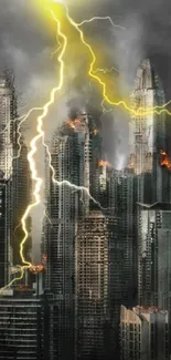 Dark city skyline with yellow lightning and storm clouds.