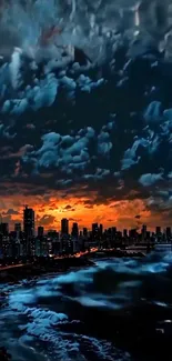 Dramatic cityscape with night sky and orange sunset clouds.