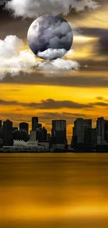 Golden cityscape with moon and clouds at sunset.