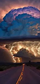 Dramatic clouds with lightning over a dark desert road.