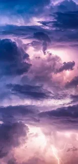 Dramatic purple clouds with bright lightning in a striking mobile wallpaper.