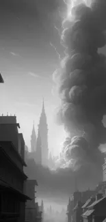 Grayscale gothic cityscape with dramatic towering clouds.