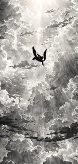 Dramatic cloud scene with bird silhouette in monochrome.