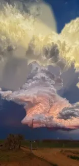 Dramatic cloudscape with sunlight illuminating vibrant clouds over rural landscape.