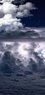 Dramatic storm clouds under a starry night sky.