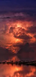 Fiery lightning storm illuminating dark clouds over a calm lake at night.