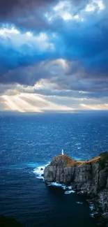 Coastal lighthouse with dramatic skies and ocean view.