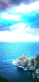 Lighthouse on cliffs with dramatic sky and ocean backdrop.