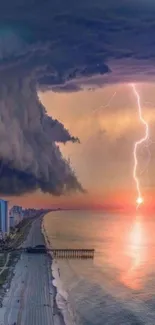 Coastal scene with lightning and sunset over the ocean, dramatic clouds in the sky.