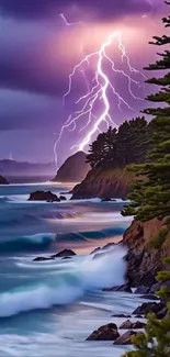 Lightning over a coastal landscape with trees and waves.