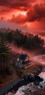 Lonely house by a stormy sea under a fiery sky.