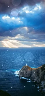 Dramatic sunset with rays over a rugged coast and ocean.