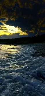 Dramatic coastal sunset with dark clouds and ocean waves.