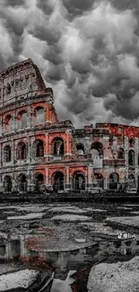 Dramatic view of the Colosseum against stormy skies.