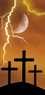 Three crosses silhouetted against lightning and moonlit orange sky.