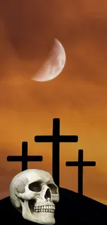 Sunset with three crosses and a skull, dramatic and mysterious.