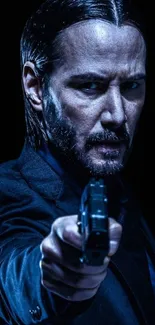 An intense figure in a dark setting pointing a gun with a focused look.