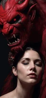 Demon stands behind a serene woman with closed eyes.