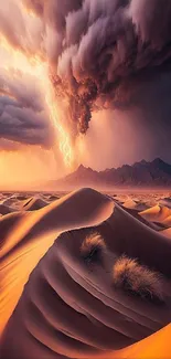 Dramatic desert storm with lightning illuminating dunes.