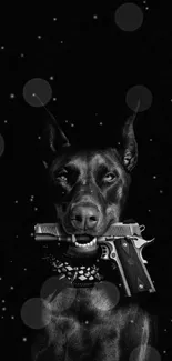 A black wallpaper featuring a fierce dog holding a gun, creating a dramatic look.