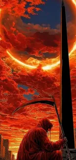 Red eclipse with dramatic sky and buildings.