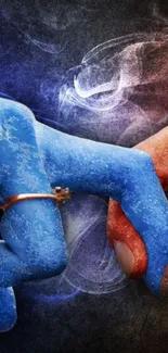 Blue and orange hands intertwining with mystical elements.