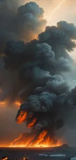 Volcanic eruption with fiery clouds and dark smoke in a dramatic mobile wallpaper.