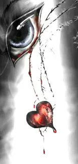 Dramatic eye with bleeding heart design in black and red on mobile wallpaper.