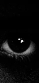 Closeup of an eye in monochrome darkness.