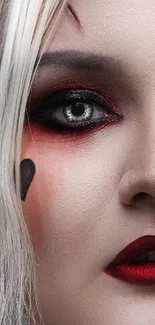 Close-up portrait showcasing dramatic makeup with red lips and smoky eyes.