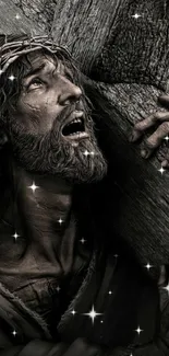 Dramatic scene of a man carrying a cross, symbolizing resilience and faith.