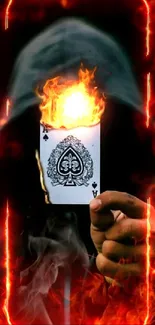 Flaming ace of spades held by hooded figure.