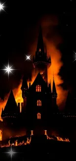 Fiery castle at night creating a dramatic scene with glowing flames.