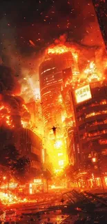 Fiery cityscape with buildings ablaze, creating dramatic urban scenery.