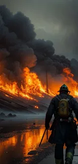 Firefighter battles stormy blaze with dark smoke clouds.