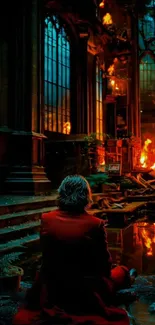 Lone person in red sits in a fiery room.