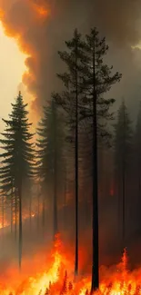 Intense forest fire with towering flames and smoke at dusk.