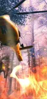 Helicopter rescue in a fiery forest scene with dramatic action.