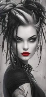 Gothic woman with red lipstick in a dramatic artistic style.