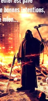 Grim Reaper silhouetted against a fiery cityscape background.